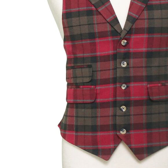 Mens Plaid Vest 44R Red Brown Teal Wool Waistcoat XL Formal Wedding Prom Party - Picture 7 of 9